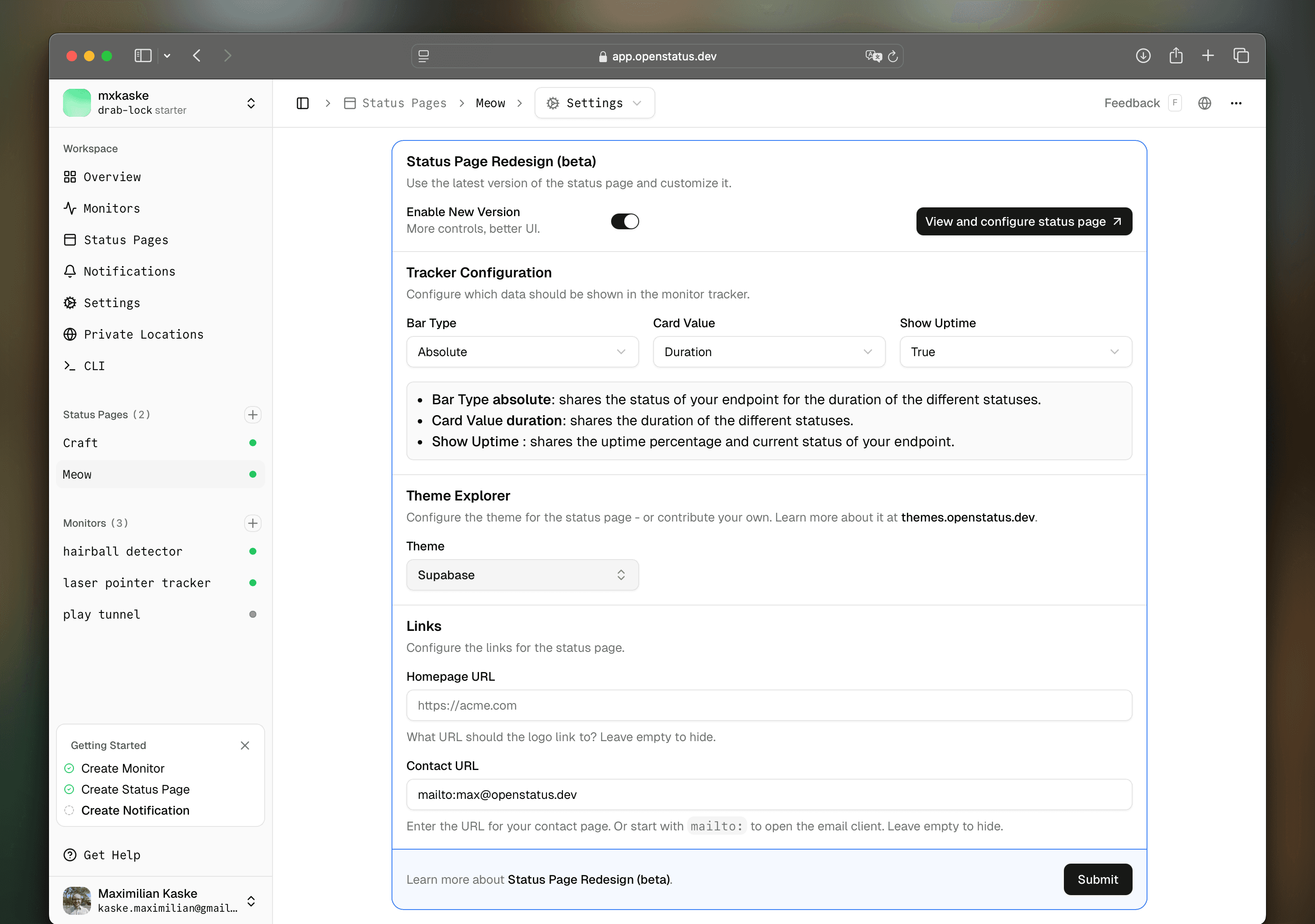 Status Page Dashboard Settings